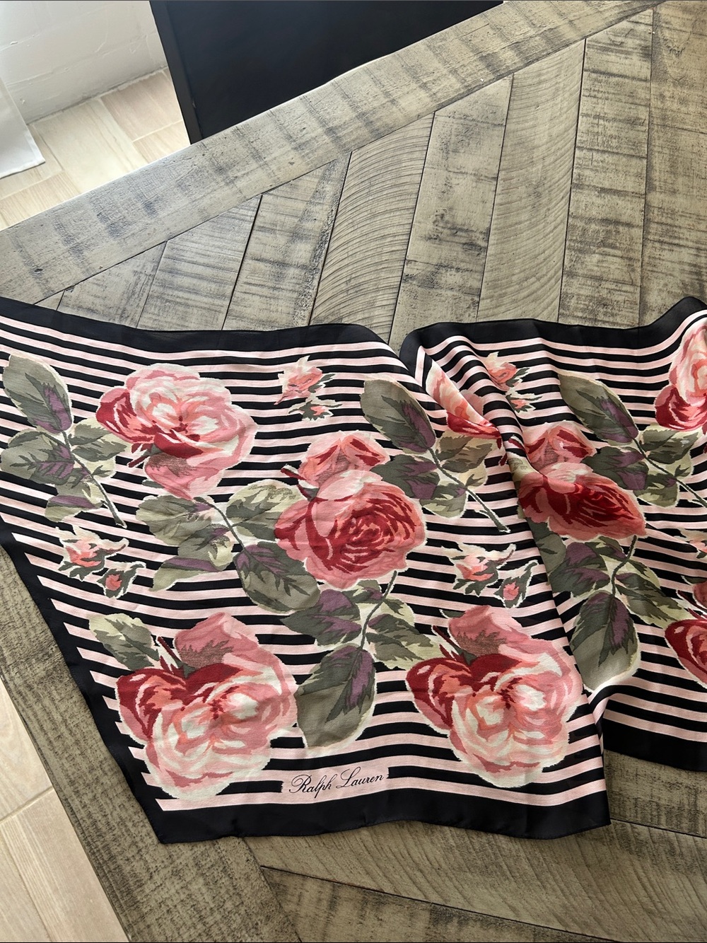 Ralph Lauren Black and Pink Floral Stripe Scarf